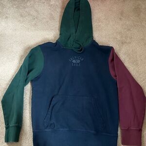 American Eagle Outfitters Men's Blue, Green, and Maroon Color Block Hoodie